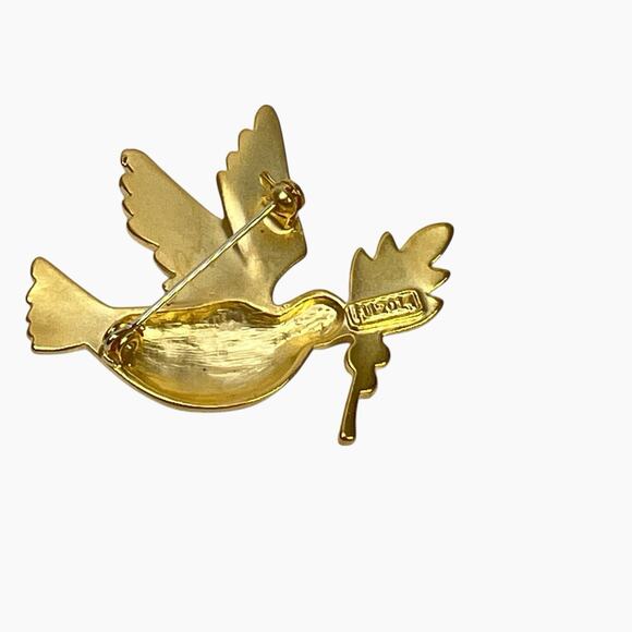 Brooch Peace Dove Carrying Olive Branch Matte Gold Tone Rhinestone 1.5 Inch Pin - Picture 3 of 7